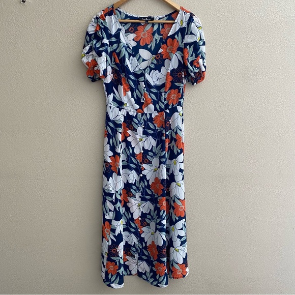 Lulus Pretty Poppies Navy Blue Floral Print Sheer Midi Dress EUC Size - S - Picture 6 of 13